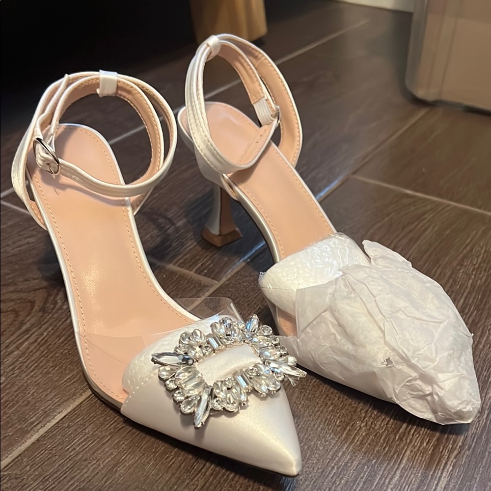 White Crystal Embellished Heels with Ankle Straps